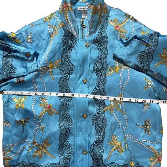 Vintage Blue 100% Silk Butterfly & Dragonfly Print Jacket Full Zip - Picture 10 of 11